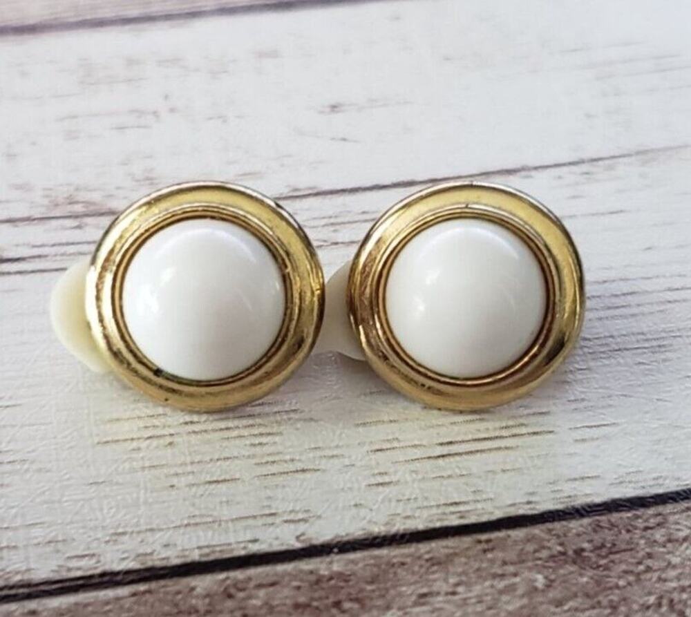 Vintage Clip On Earrings - White Domed Circle with Gold Tone Halo